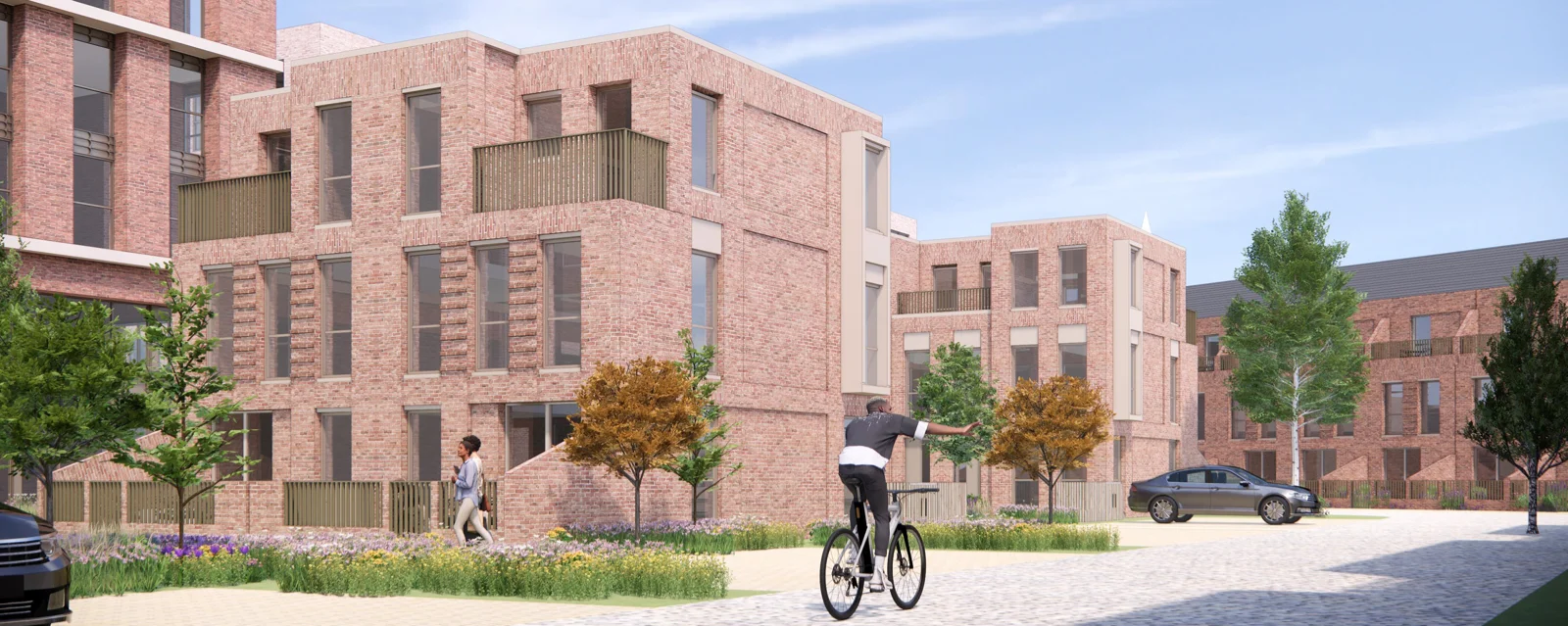 Rendering of the Bill House site, street view with traffic